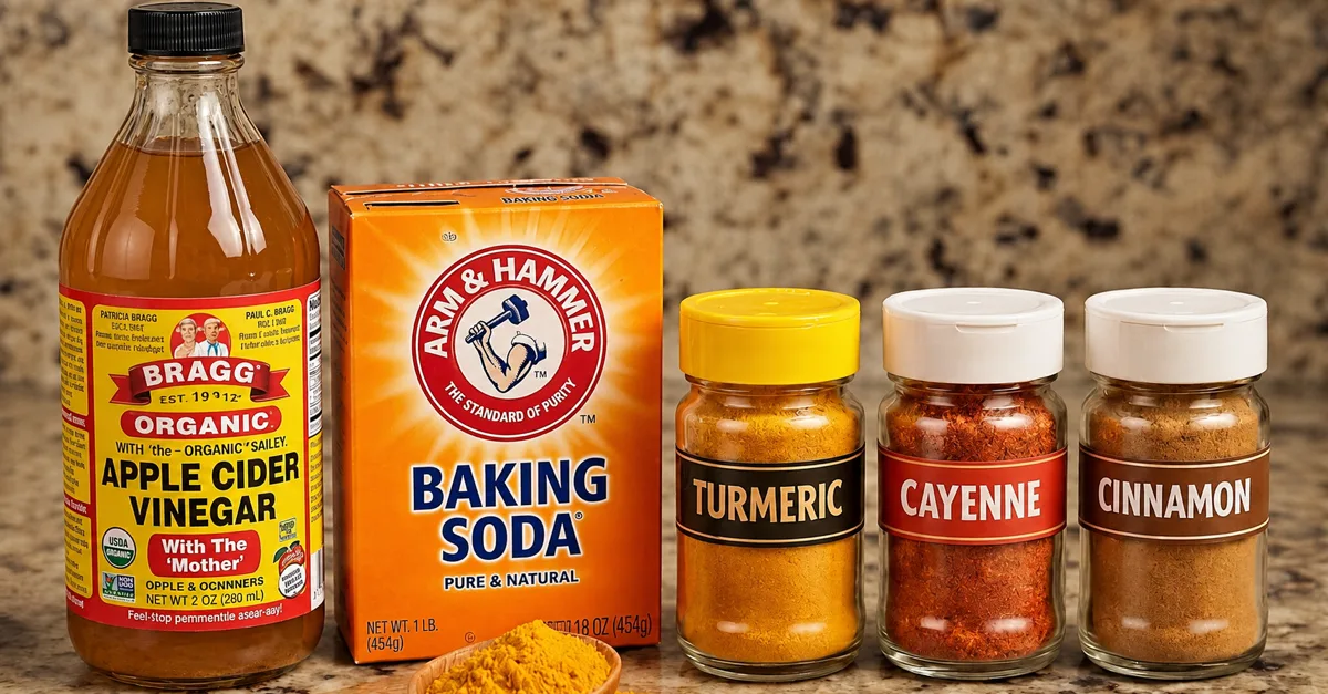 Apple cider vinegar, baking soda, turmeric, cayenne pepper, and cinnamon on a kitchen counter