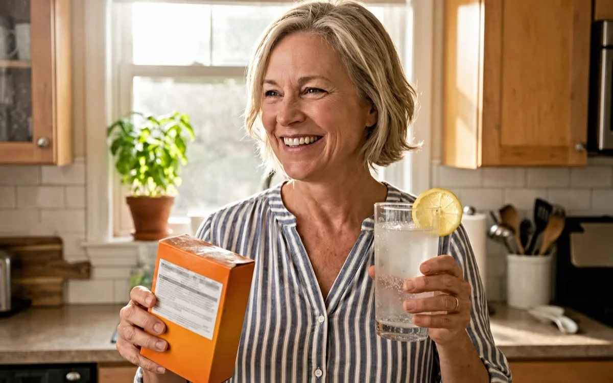 Smiling woman in her kitchen holding a supplement box and a glass of lemon water